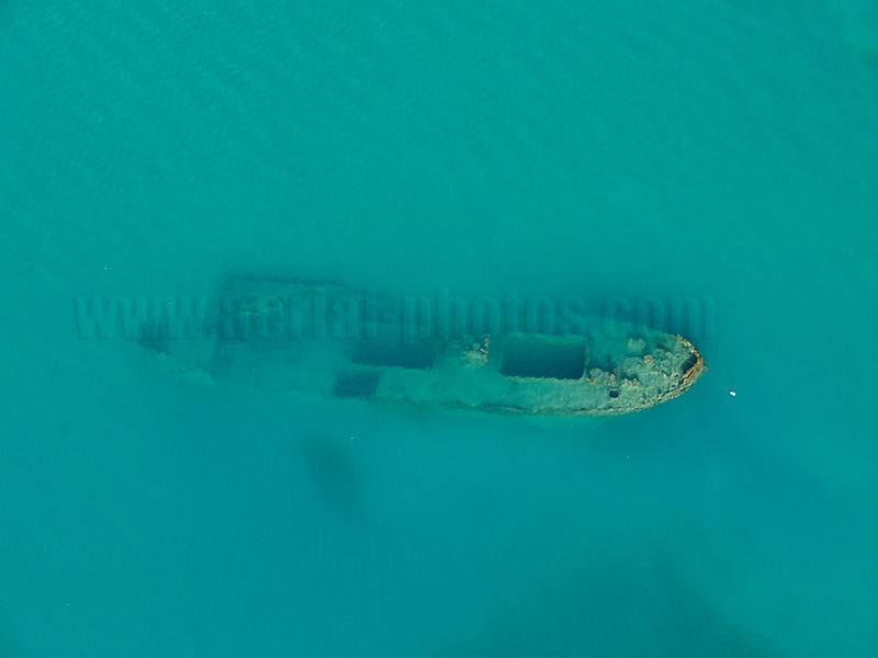 AERIAL VIEW photo of a shipwreck in the Bay of Vlorë in Albania.