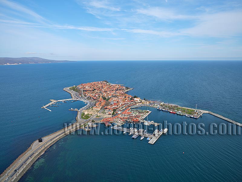 AERIAL VIEW photo of the town of Nesebar on the Black Sea coast.