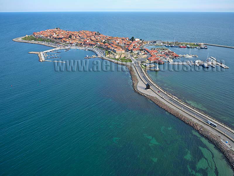 AERIAL VIEW photo of the town of Nesebar on the Black Sea coast.