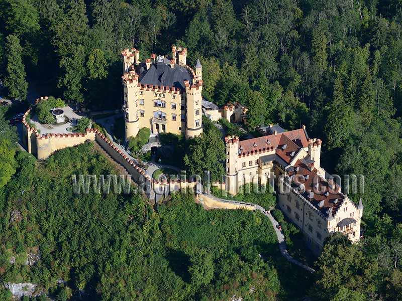 AERIAL VIEW photo of Hohenschwangau Castle, Füssen, Bavaria, Germany. LUFTAUFNAHME luftbild, Schloss Hohenschwangau, Bayern, Deutschland.