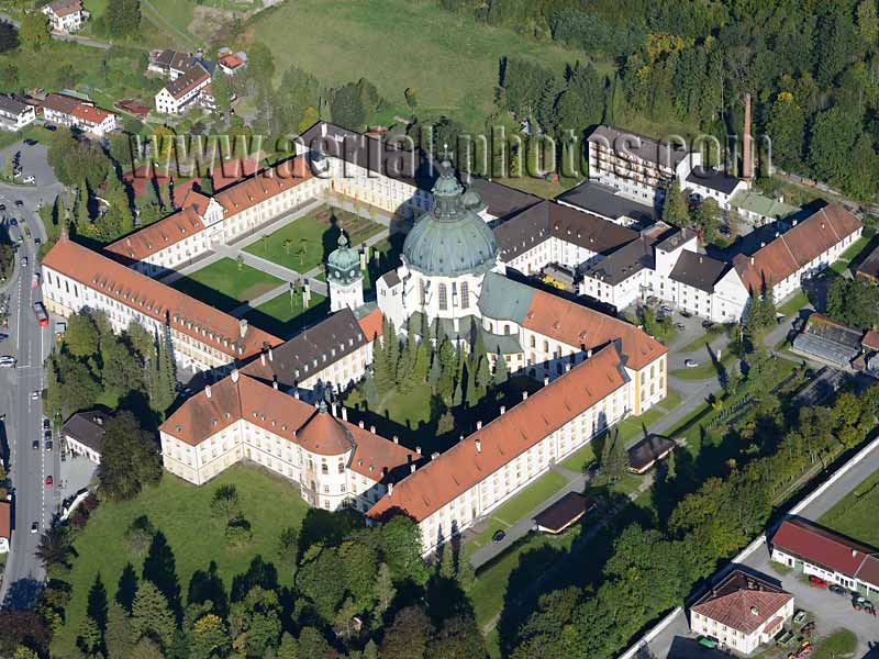 AERIAL VIEW photo of Ettal Abbey, Bavaria, Germany. LUFTAUFNAHME luftbild, Kloster Ettal, Bayern, Deutschland.