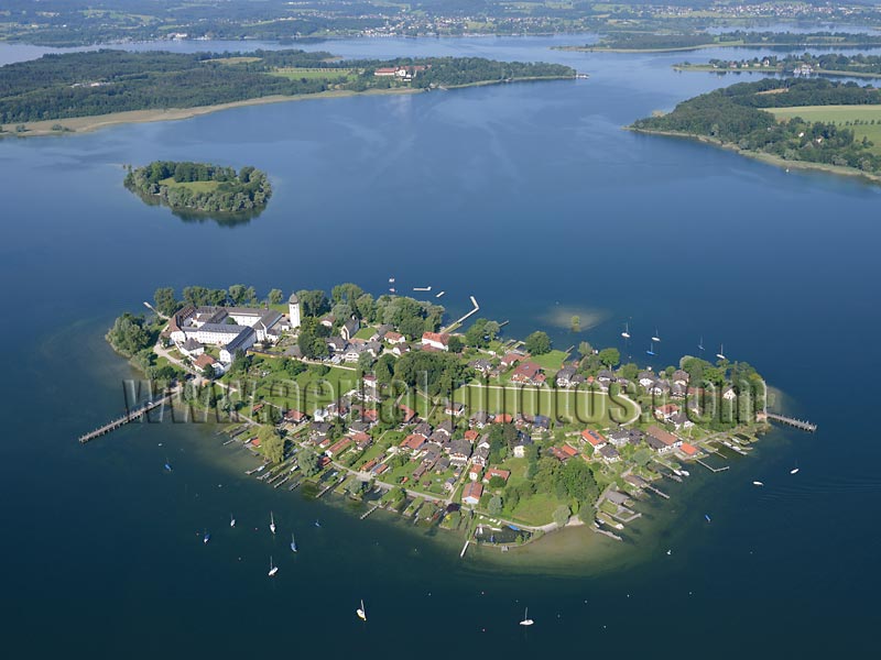 AERIAL VIEW photo of Fraueninsel - Frauenchiemsee, Lake Chiemsee, Bavaria, Germany. LUFTAUFNAHME luftbild, Bayern, Deutschland.