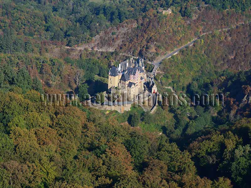 AERIAL VIEW photo of Eltz Castle, Rhineland-Palatinate, Germany. LUFTAUFNAHME luftbild, Burg Eltz, Rheinland-Pfalz, Deutschland.