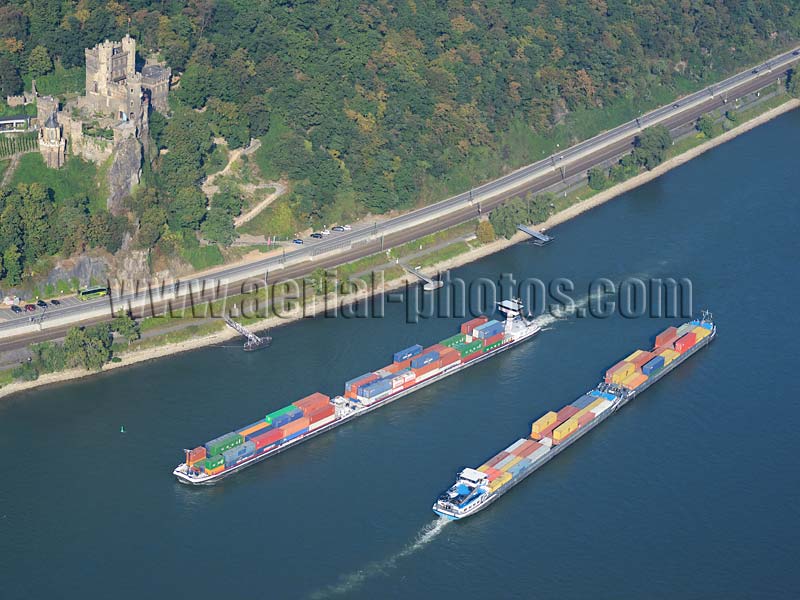 AERIAL VIEW photo of a container carrier, Rhine River, Rhineland-Palatinate, Germany. LUFTAUFNAHME luftbild, containerschiff, Rhein, Rheinland-Pfalz, Deutschland.