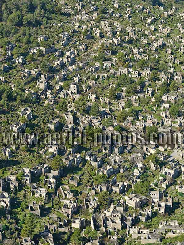 AERIAL VIEW photo of the abandoned village of Kayaköy, Turkey.