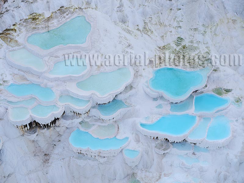 AERIAL VIEW photo of hot springs in Pamukkale, Turkey.