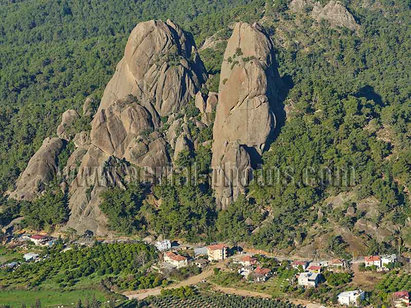 AERIAL VIEW photo of a rock formation named Ikiz Kayalar, Turkey.