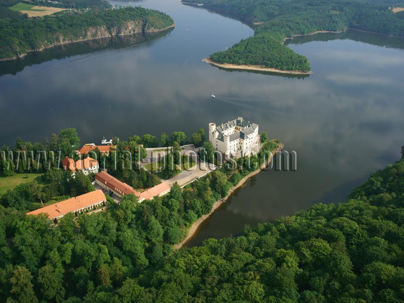 AERIAL VIEW photo of Orlik Castle, Bohemia, Czech Republic. LETECKÝ POHLED, Zámek Orlík, Orlík nad Vltavou, Čechy, Vodní nádrž Orlík, Česká republika.