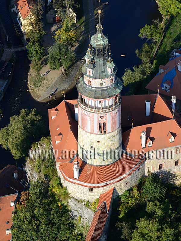 AERIAL VIEW photo of Castle Tower, Český Krumlov, Czech Republic. LETECKÝ POHLED, Zámecká věž, Česká republika.