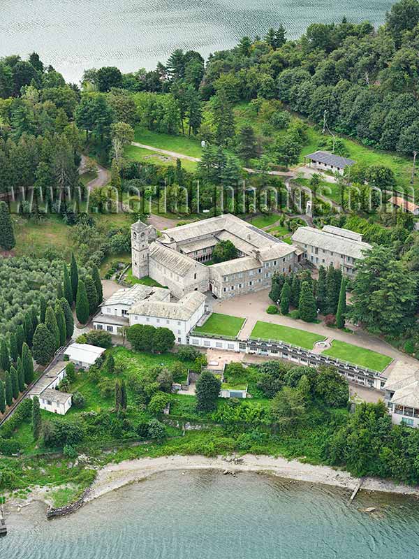 AERIAL VIEW photo of Piona Abbey on the shores of Lake Como, Lombardy, Italy. VEDUTA AEREA foto.