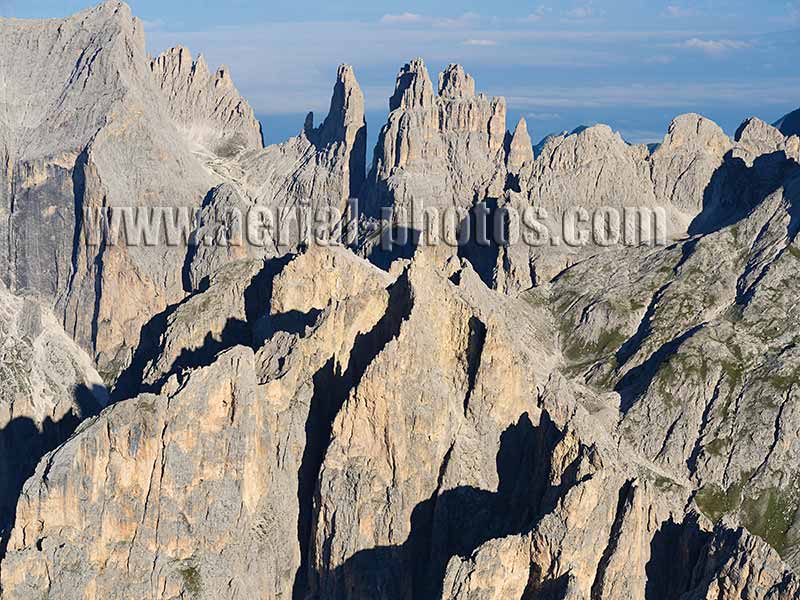AERIAL VIEW photo of the Catinaccio Massif in the Dolomites. Trentino-Alto Adige, Italy.