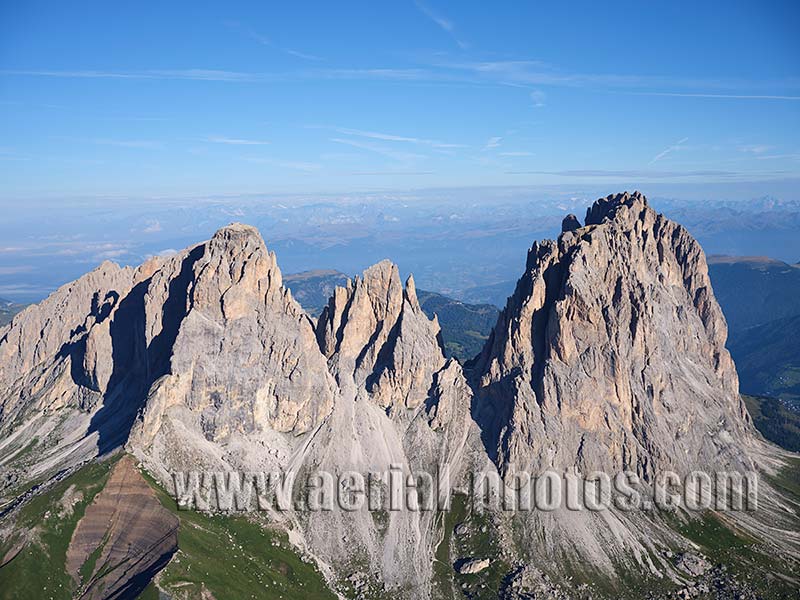AERIAL VIEW photo of the Sassolungo Group in the Dolomites. Trentino-Alto Adige, Italy.