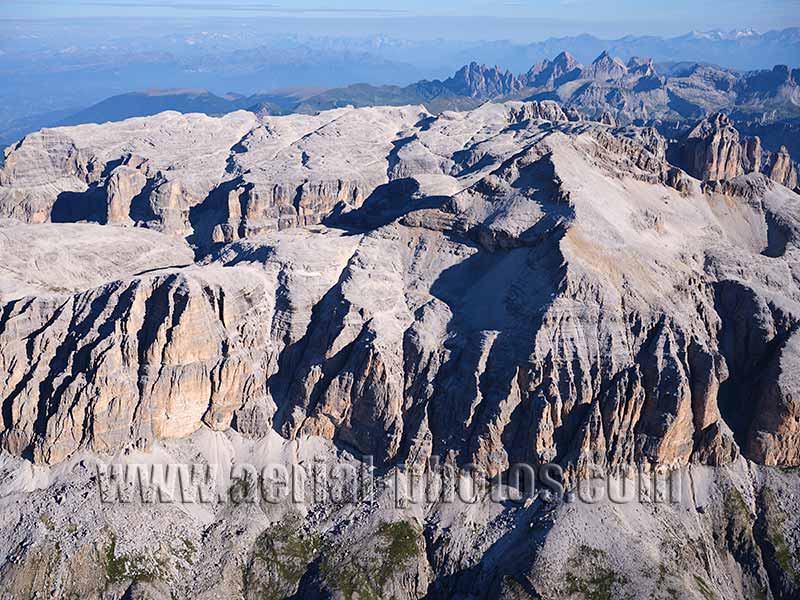 AERIAL VIEW photo of the Sella Group in the Dolomites. Trentino-Alto Adige, Italy.