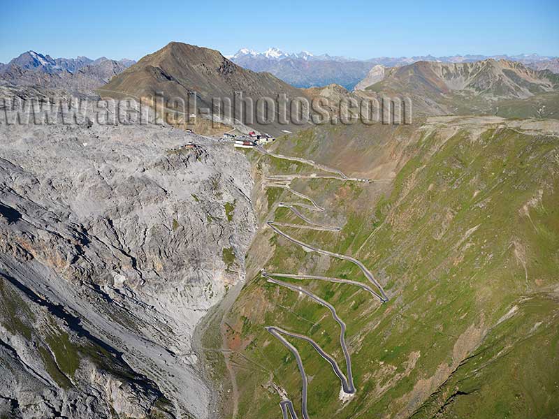 AERIAL VIEW photo of the Stelvio Pass in the Stelvio Massif. Trentino-Alto Adige, Italy.