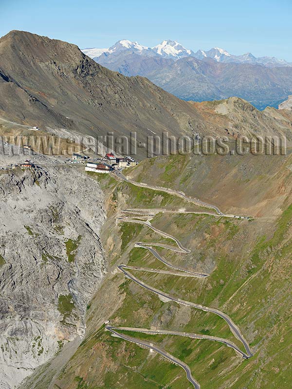 AERIAL VIEW photo of the Stelvio Pass in the Stelvio Massif. Trentino-Alto Adige, Italy.