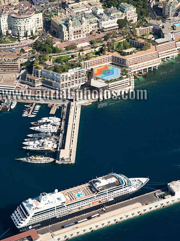 Aerial photo, cruise ship, Fairmont Monte-Carlo Hotel, Casino of Monte-Carlo. Vue aérienne, bateau de croisière.