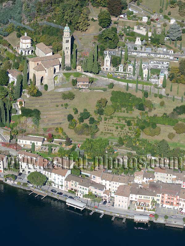 Aerial view, church, Morcote, Lake Lugano, Ticino, Switzerland. VISTA AEREA foto, Lago di Lugano, Svizzera.