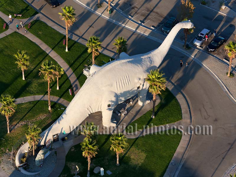 Aerial view of a road side attraction, Brontosaur, Dinosaur Museum, Cabazon, California, USA.