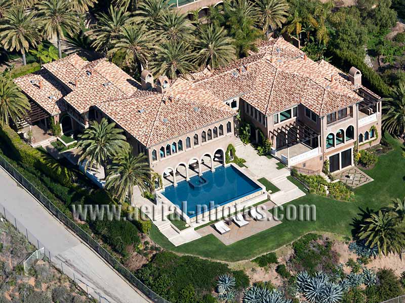 Aerial view of an Italian renaissance mansion, Malibu, Los Angeles, California, USA.