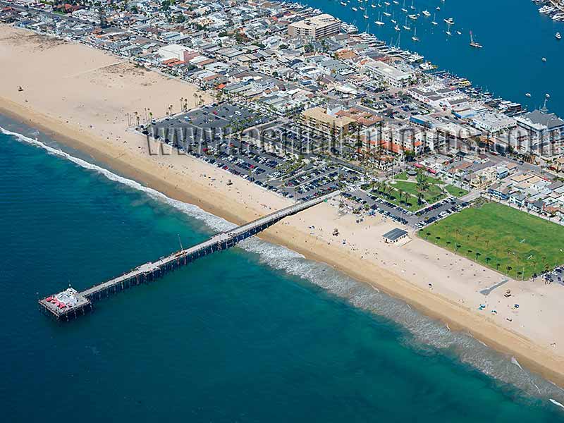 Aerial view of Balboa Pier at the peninsula, Orange County, California, USA.