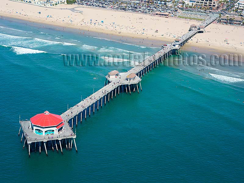 Aerial view of historic Huntington Beach Pier, surf capital, Orange County, California, USA.