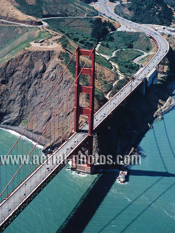 Aerial view of the Golden Gate Bridge north tower. San Francisco and Marin County, California, USA.