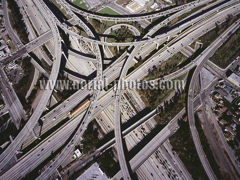 Aerial view of the 105 and 110 stack interchange. Los Angeles freeway, California, USA.