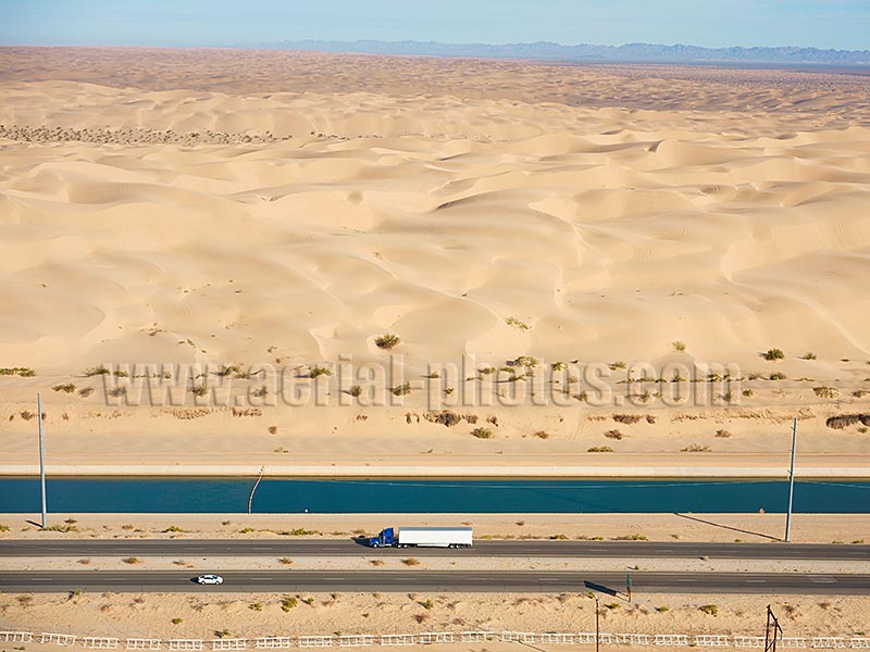 AERIAL VIEW photo of the All American Canal and Interstate 8 in the Algodones Sand Dunes. Sonoran Desert, California, United States.