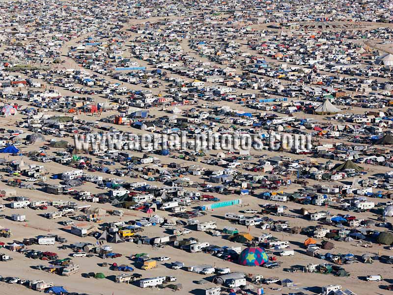 Aerial view of the Burning Man festival camp, Black Rock Desert, Nevada, Washoe County, USA.