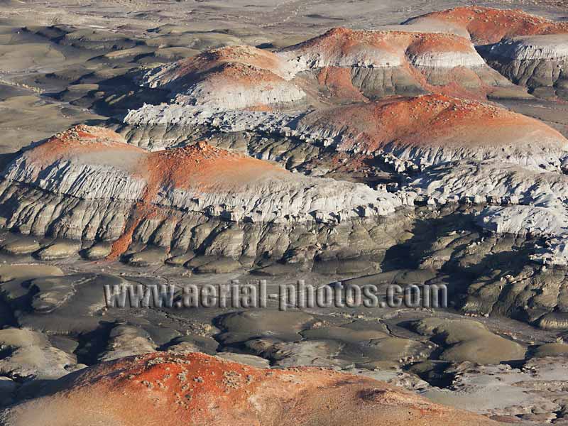 Aerial view of black and red badlands, Bisti De-Na-Zin Wilderness, New Mexico, USA.