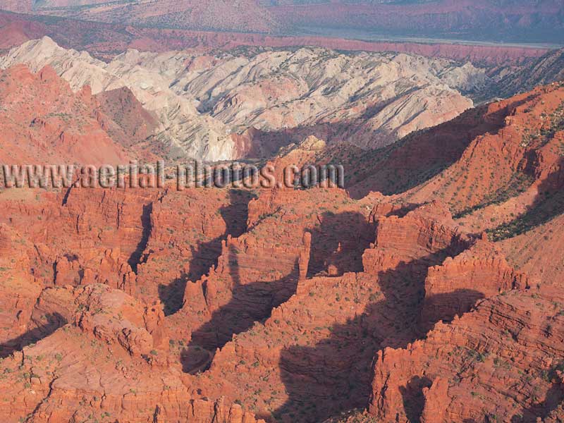 AERIAL VIEW photo of salt domes and sandstone cliffs, Onion Creek Canyon, Utah, United States.