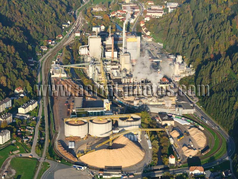 Aerial photo of a pulp mill in the Lavant Valley, Carinthia, Austria. Luftaufnahme, luftbild, Österreich.