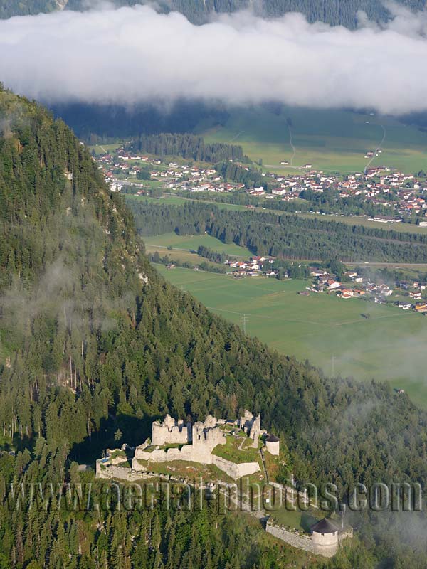 AERIAL VIEW photo of Ehrenberg Castle, Reutte, Tyrol, Austria. LUFTAUFNAHME luftbild, Burg Ehrenberg, Tirol, Österreich.