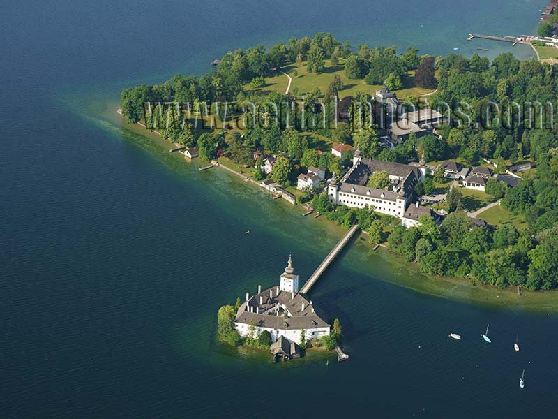 AERIAL VIEW photo of Ort Castle, Gmunden, Traunsee (lake), Upper Austria, Austria. LUFTAUFNAHME luftbild, Schloss Ort, Gmunden, Oberösterreich, Österreich.