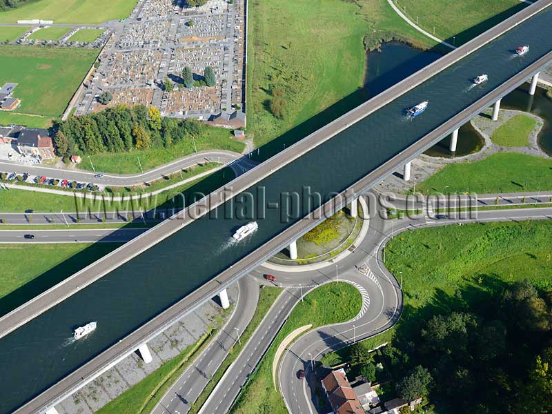 AERIAL VIEW photo of the Sart Canal-Bridge, Province of Hainaut, Wallonia, Belgium. VUE AERIENNE Wallonie, Belgique.