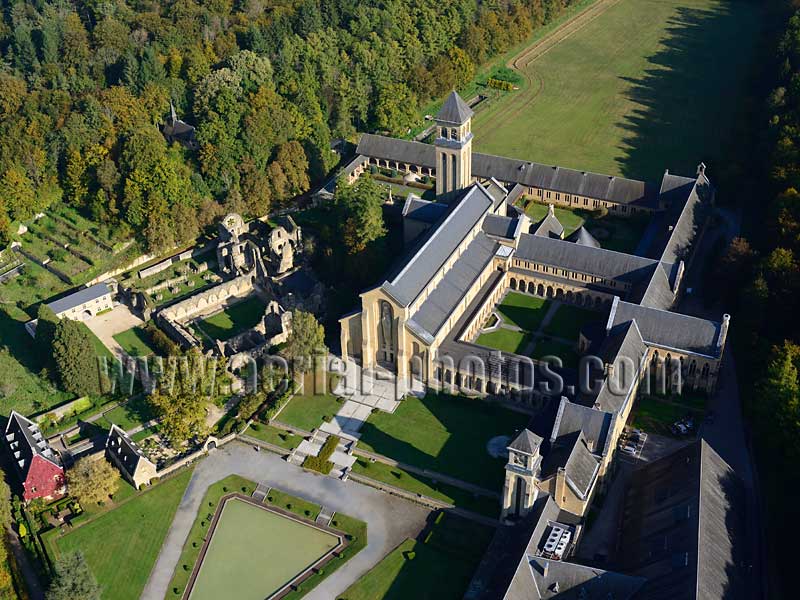 AERIAL VIEW photo of Orval Abbey, Province of Luxembourg, Wallonia, Belgium. VUE AERIENNE Abbaye d'Orval, Wallonie, Belgique
