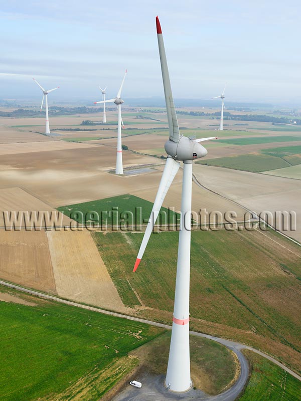 AERIAL VIEW photo of a wind turbine, Estinnes, Wallonia, Belgium. VUE AERIENNE éolienne, Wallonie, Belgique.