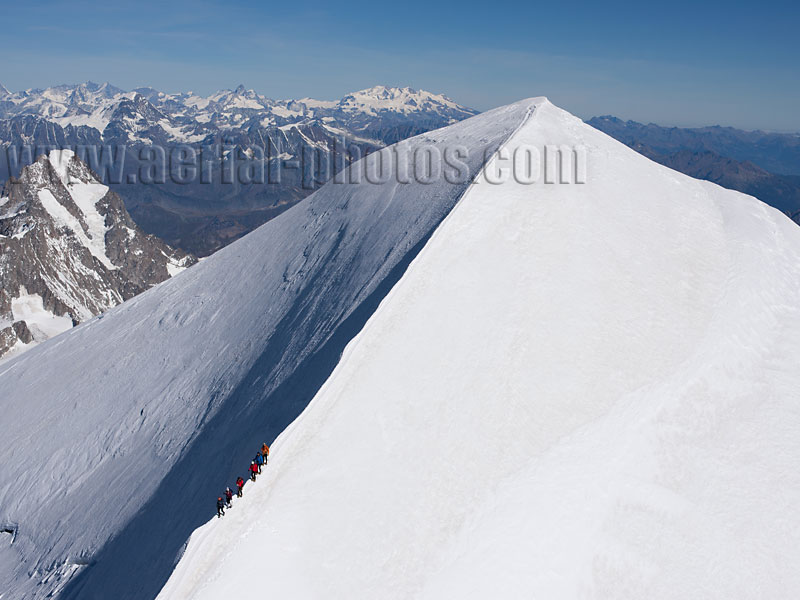 Aerial view. Photo of the Mont-Blanc summit, Chamonix, Haute-Savoie, Auvergne-Rhône-Alpes, France. Vue aérienne.