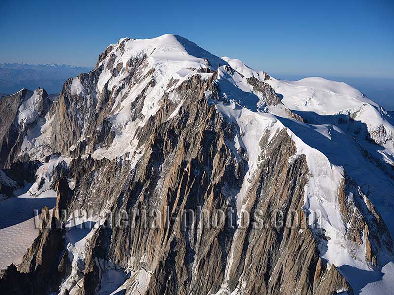 Aerial view. Photo of Mont-Blanc du Tacul, Chamonix, Haute-Savoie, Auvergne-Rhône-Alpes, France. Vue aérienne.