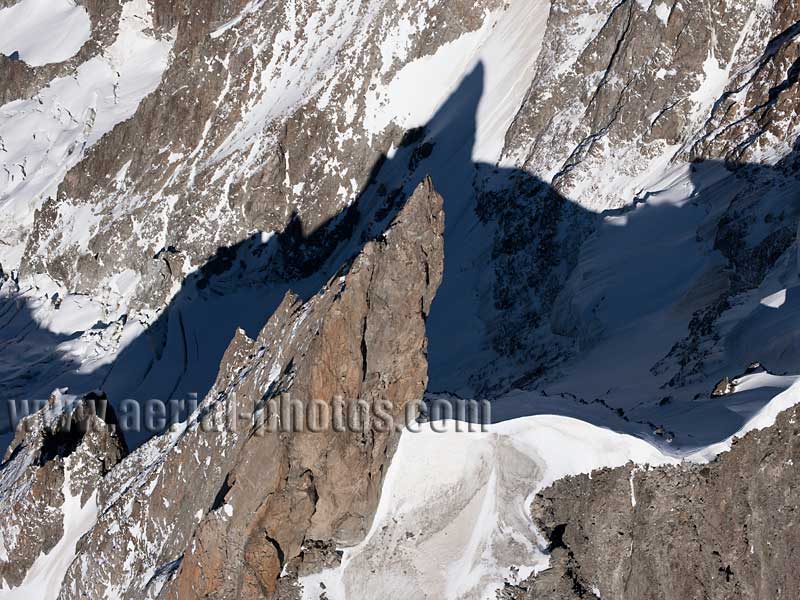 AERIAL VIEW photo of Dent du Géant, Chamonix Mont-Blanc, Haute-Savoie, Auvergne-Rhône-Alpes, France. VUE AERIENNE.
