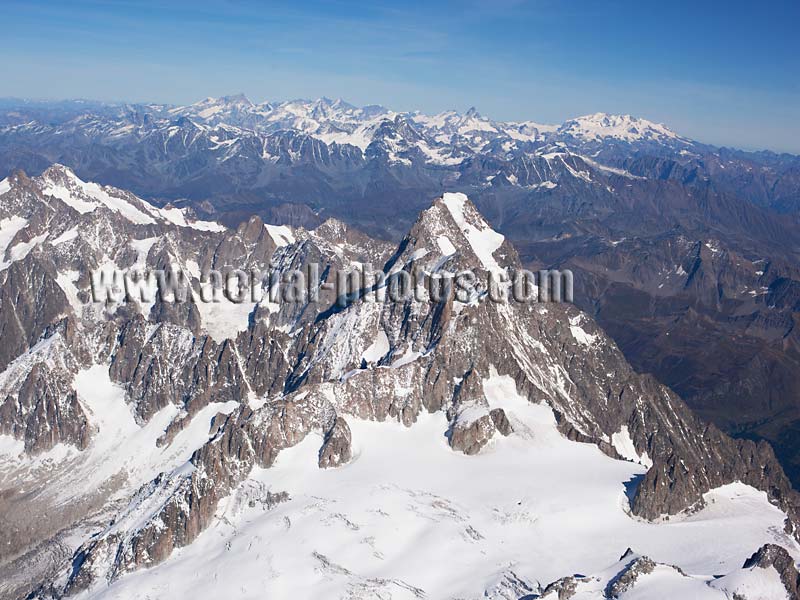Aerial view. Photo of Grandes Jorasses, Chamonix Mont-Blanc, Haute-Savoie, Auvergne-Rhône-Alpes, France. Vue aérienne.