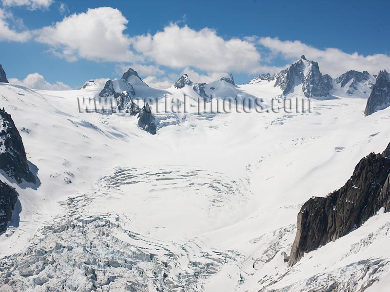 Aerial view. Photo of Géant Glacier, Chamonix Mont-Blanc, Haute-Savoie, Auvergne-Rhône-Alpes, France. Vue aérienne.