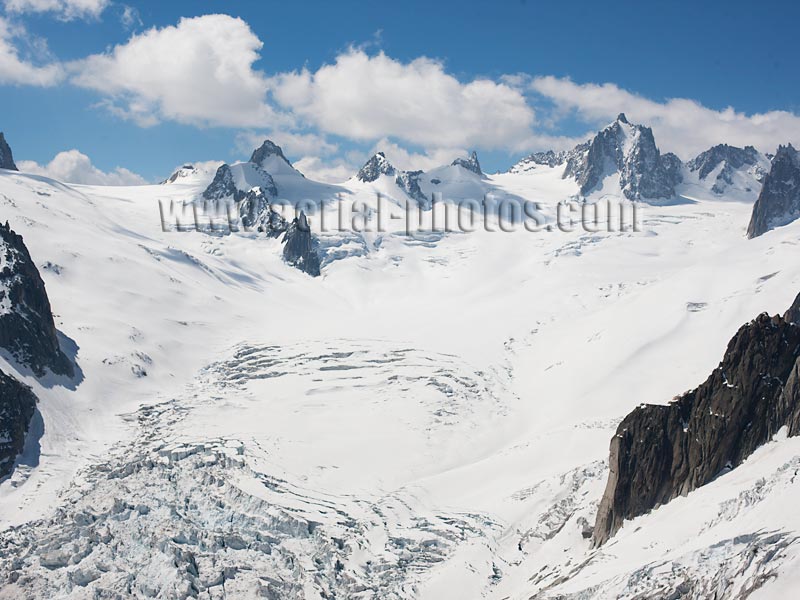Aerial view. Photo of Géant Glacier, Chamonix Mont-Blanc, Haute-Savoie, Auvergne-Rhône-Alpes, France. Vue aérienne.