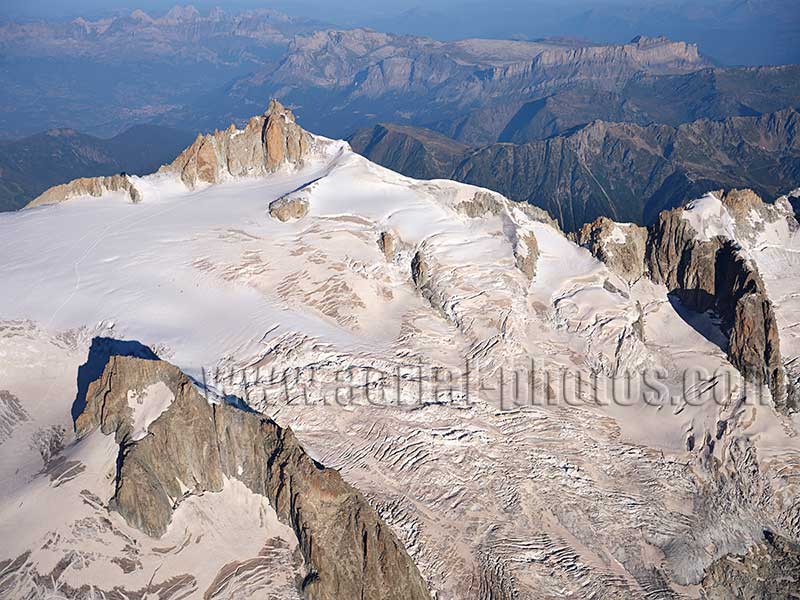 Aerial view. Photo of Vallée Blanche in Chamonix, Haute-Savoie, Auvergne-Rhône-Alpes, France. Vue aérienne.