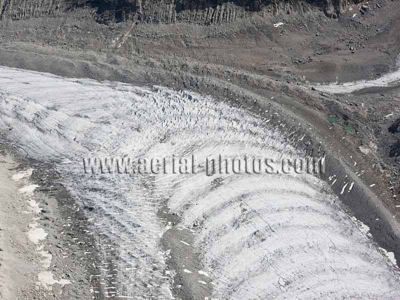 Aerial view. Photo of Forbes Bands, Mer de Glace Glacier, Chamonix Mont-Blanc, Auvergne-Rhône-Alpes, France. Vue aérienne.