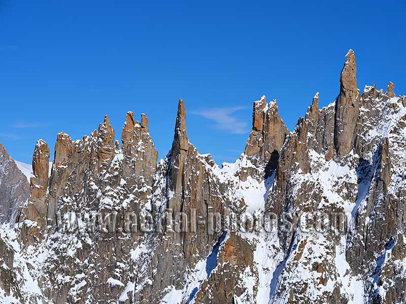 Aerial view. Photo of Les Périades Needles, Chamonix-Mont-Blanc, Haute-Savoie, Auvergne-Rhône-Alpes, France. Vue aérienne, Aiguilles Les Périades.