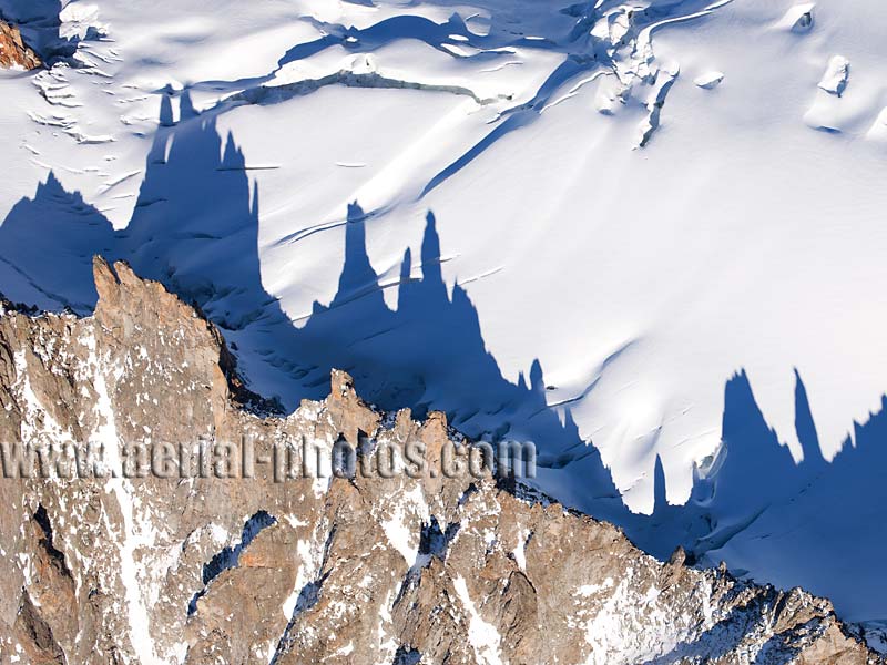 Aerial view. Photo of Les Périades Needles, Chamonix-Mont-Blanc, Haute-Savoie, Auvergne-Rhône-Alpes, France. Vue aérienne, Aiguilles Les Périades.