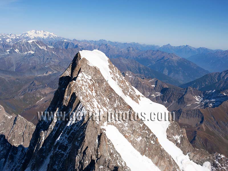 Aerial view. Photo of Grandes Jorasses, Chamonix-Mont-Blanc, Haute-Savoie, Auvergne-Rhône-Alpes, France. Vue aérienne.