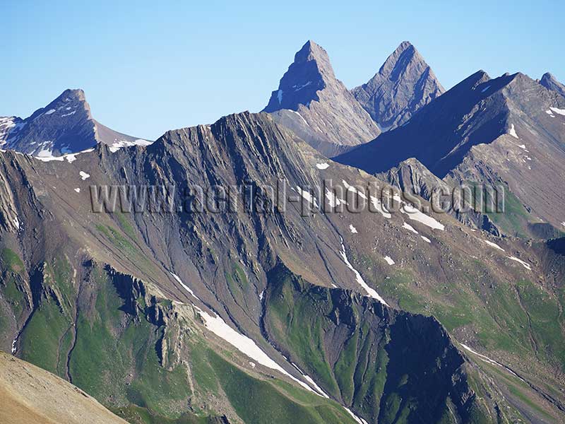 AERIAL VIEW photo of Albiez-Montrond, Mont Falcon, Savoie, Auvergne-Rhône-Alpes, France. VUE AERIENNE.