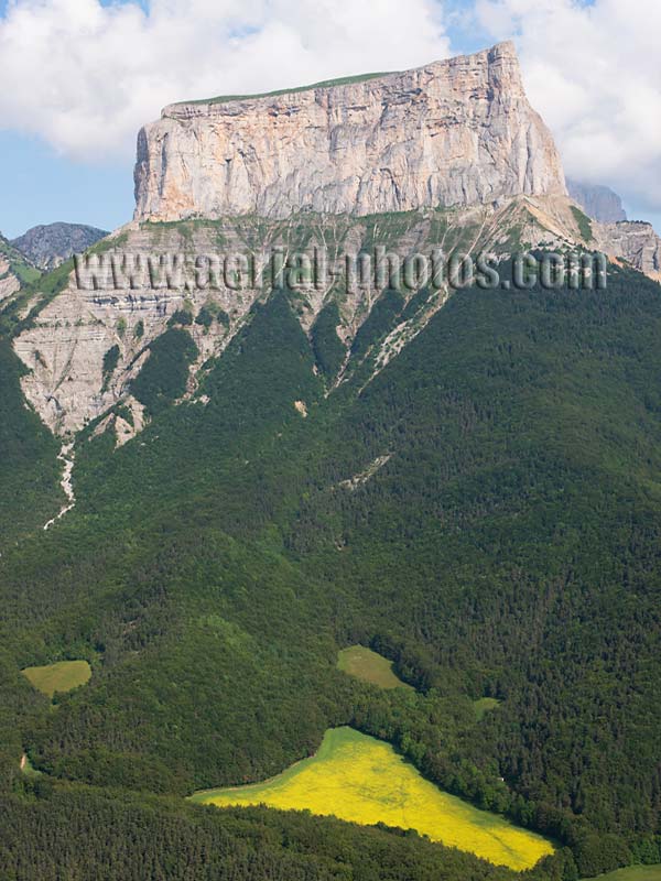 AERIAL VIEW photo of Mont Aiguille, Vercors Mountain, Isère, Auvergne-Rhône-Alpes, France. VUE AERIENNE, Montagne du Vercors.